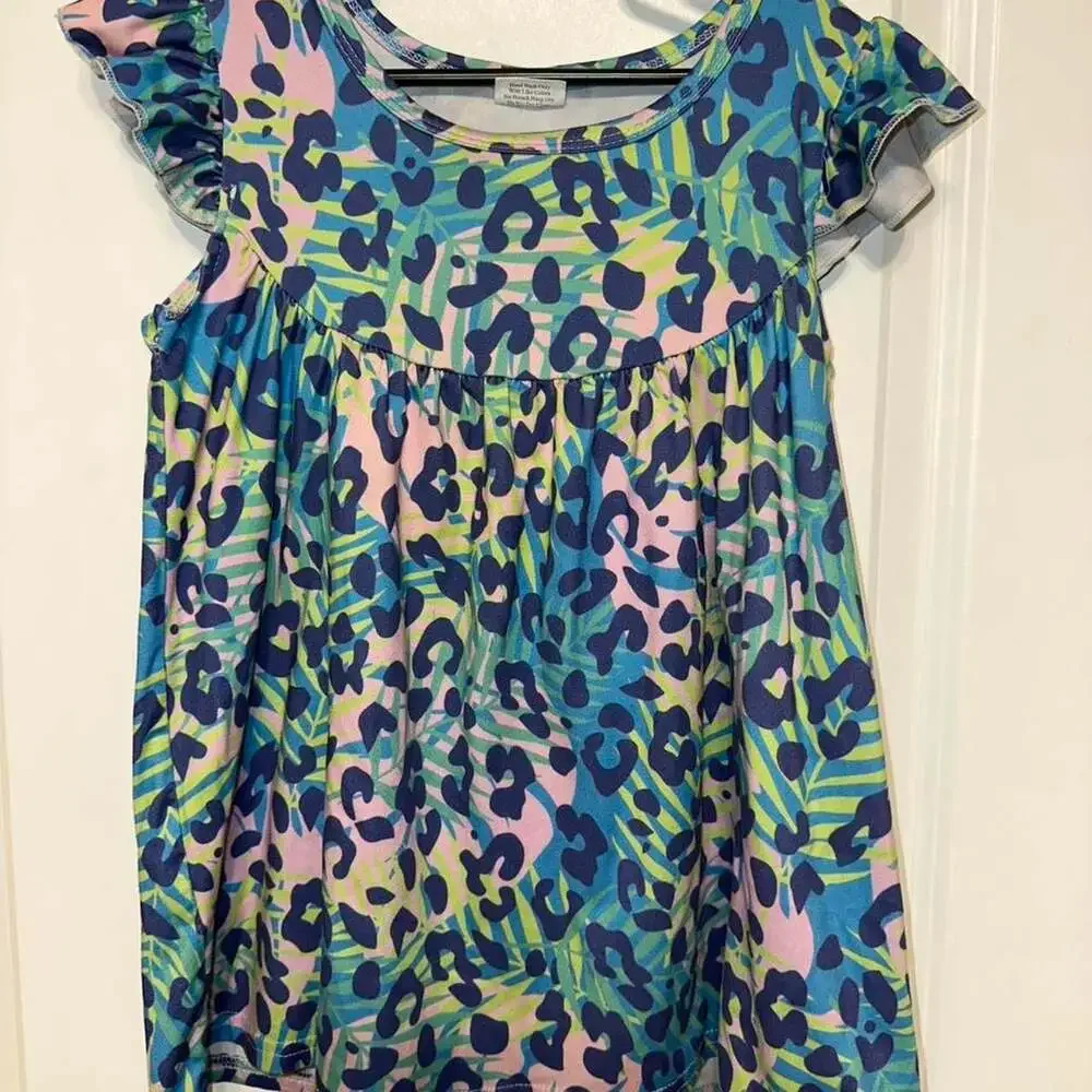 Girls Pink and Blue Leopard Print Tropical Flutter Sleeve Dress 5-6T